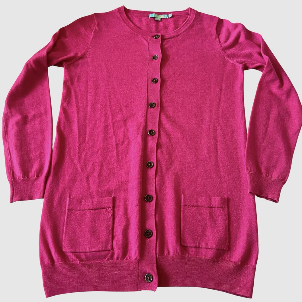 Boden Pink Long Wool Cardigan Sweater Women’s US 8 Crewneck Button Up Pockets